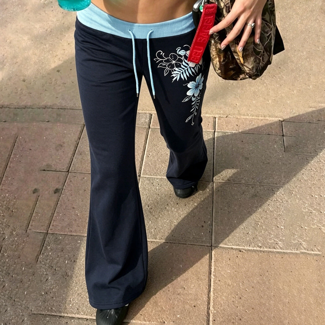 Damen Ausgestellte Lounge-Hose mit Rippbund, Kordelzug und floralem Print Drune