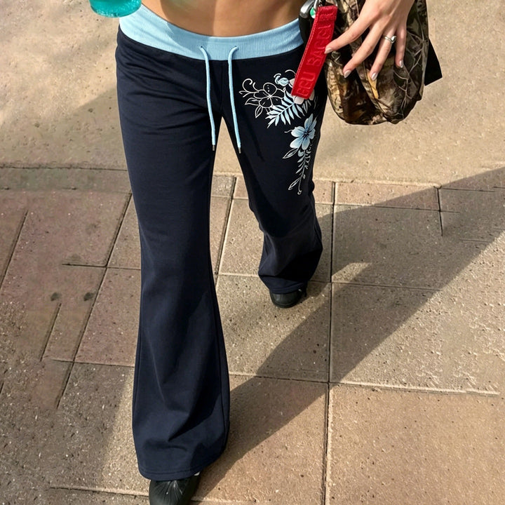 Damen Ausgestellte Lounge-Hose mit Rippbund, Kordelzug und floralem Print Drune