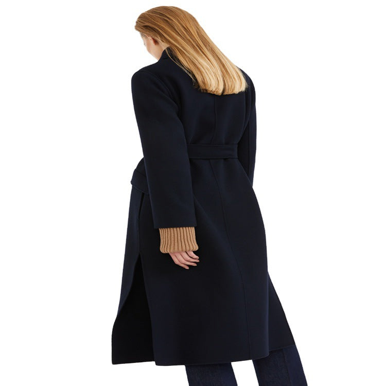 Damen Longcoat im minimalistischen Mantelkleid‑Look mit verdeckter Doppelreihe und Stoffgürtel Drune