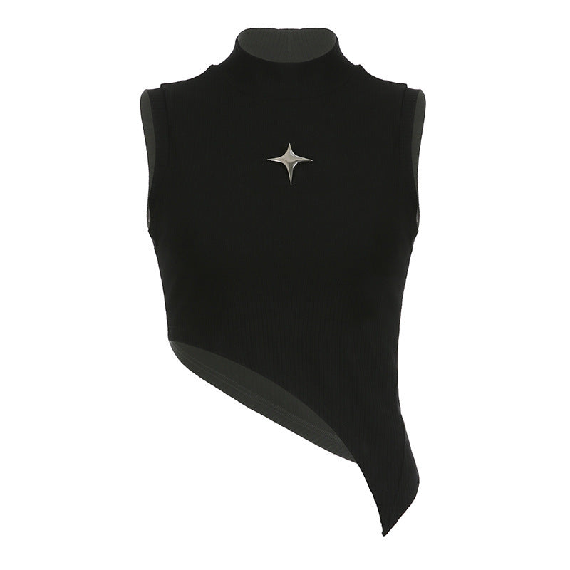 Damen modernes asymmetrisches Oberteil mit elegantem Stehkragen und metallischen Akzenten Drune