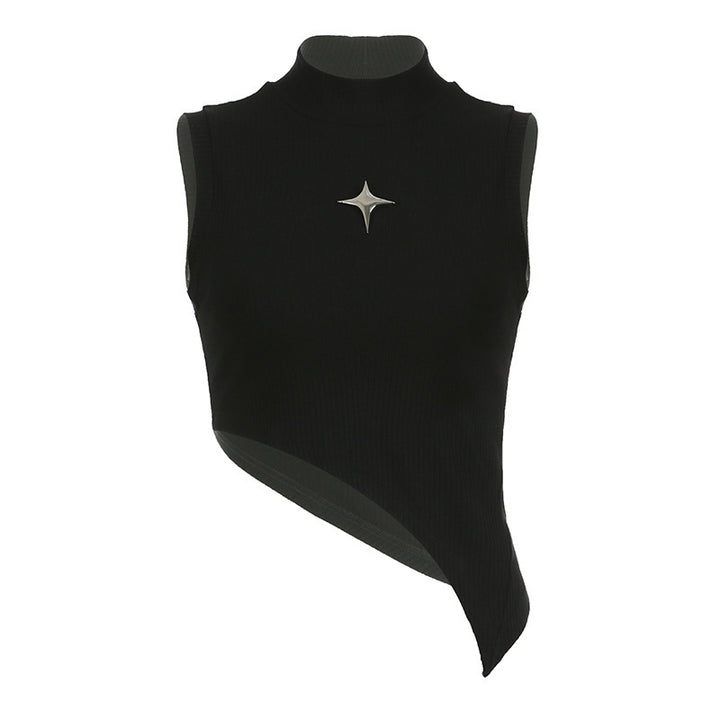 Damen modernes asymmetrisches Oberteil mit elegantem Stehkragen und metallischen Akzenten Drune
