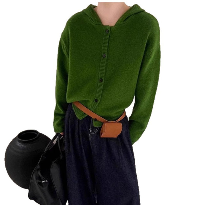 Damen gestrickte Jacke mit Kapuze und Knopfverschlüssen Drune