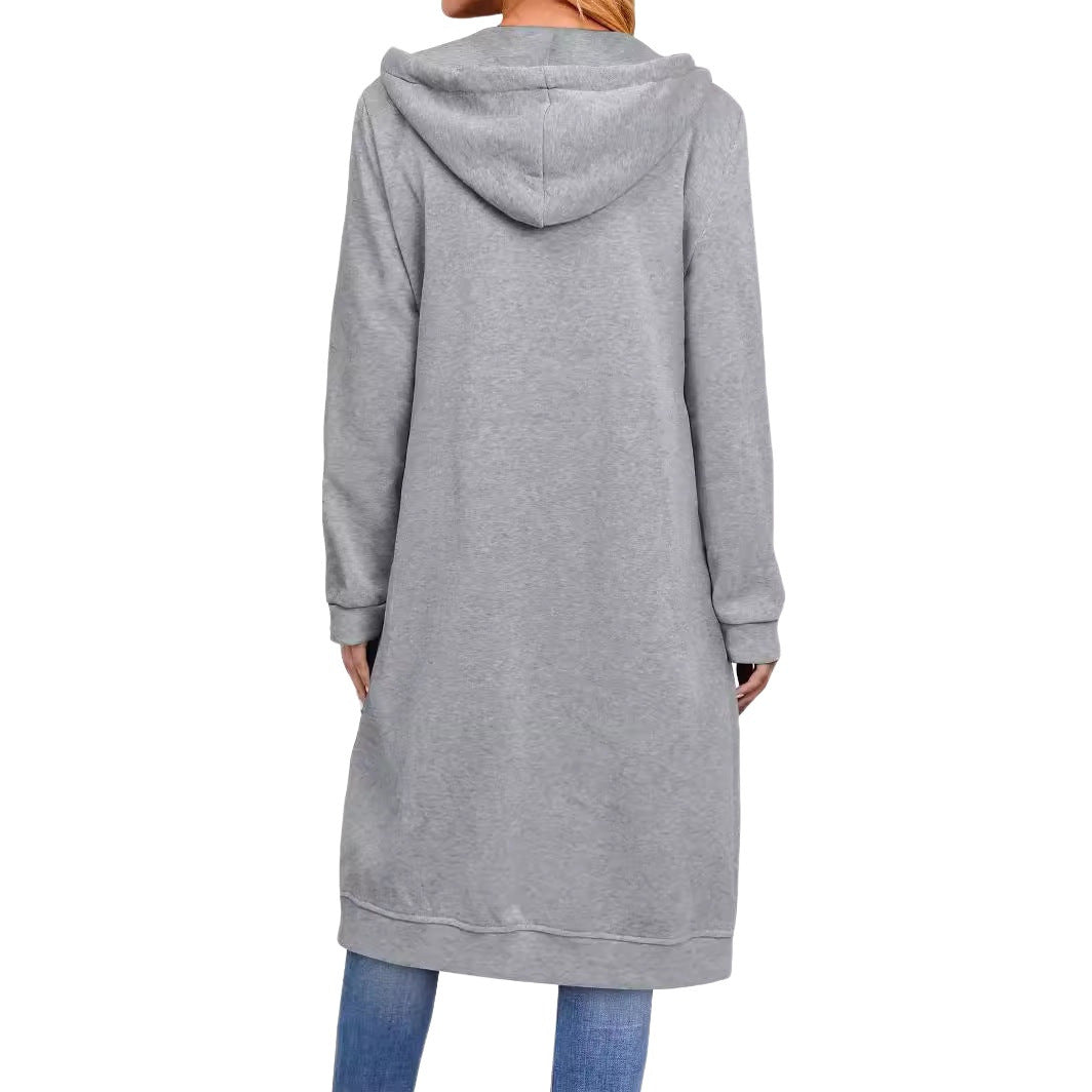 Damen Langer Kapuzen-Sweatmantel mit Zwei-Wege-Reißverschluss und Kängurutaschen Drune