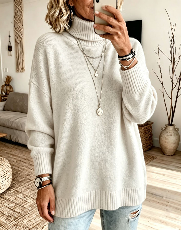 Damen Oversize Rollkragenpullover aus Feinstrick mit gerippten Bündchen und überschnittener Schulter Drune