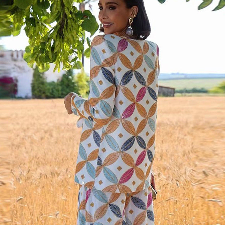 Damen Zweiteiliger Jacquard-Anzug mit Taillenschleife und weitem Bein Drune
