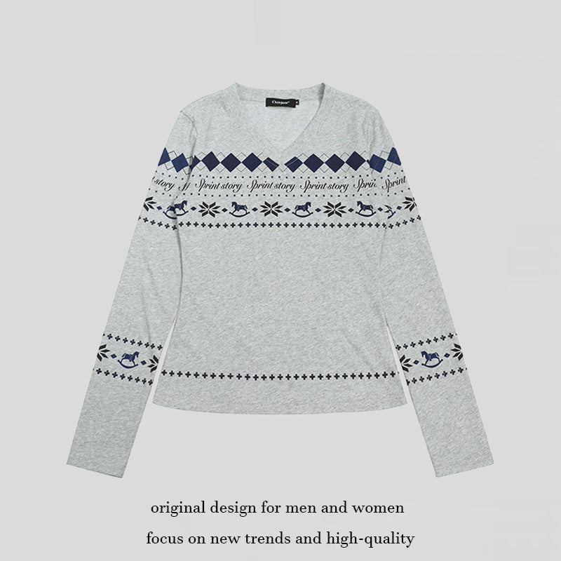 Damen Langarmshirt mit V-Ausschnitt und skandinavischem Norwegerprint aus Baumwollmix Drune