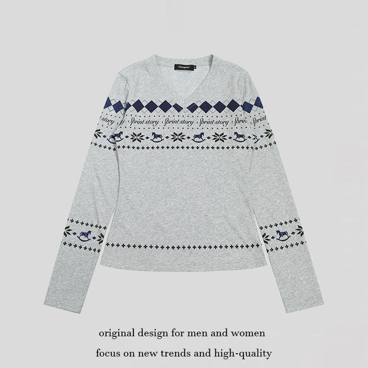 Damen Langarmshirt mit V-Ausschnitt und skandinavischem Norwegerprint aus Baumwollmix Drune