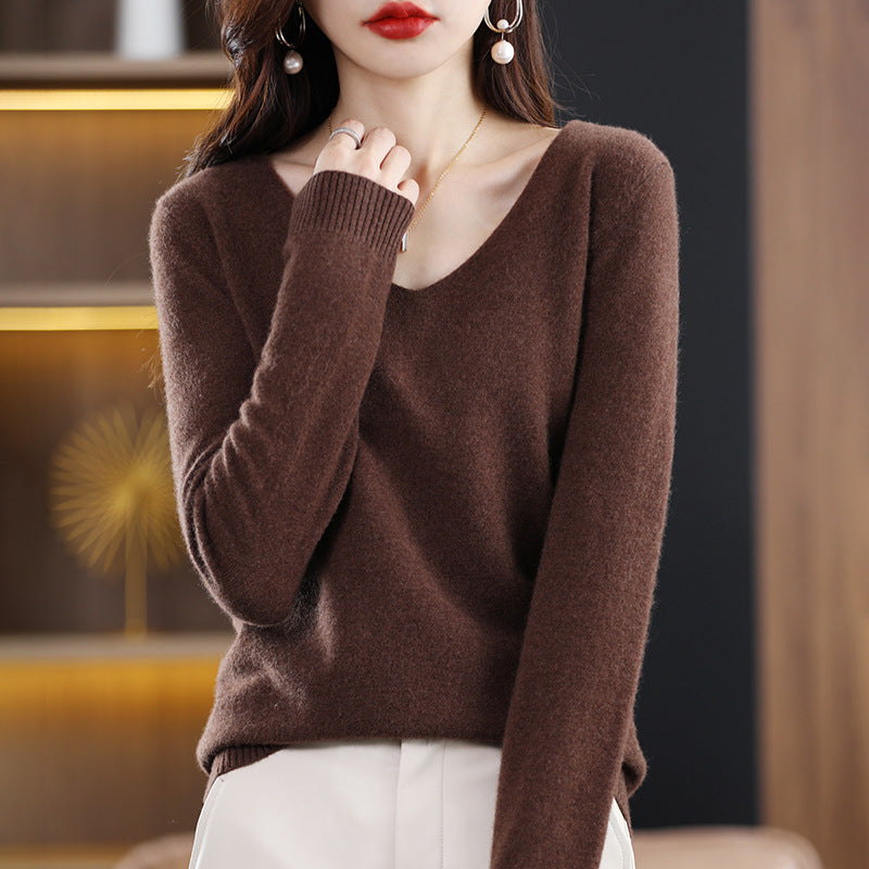 Damen V-Ausschnitt Pullover in Kaschmir-Optik mit legerem Schnitt und Rippbündchen Drune