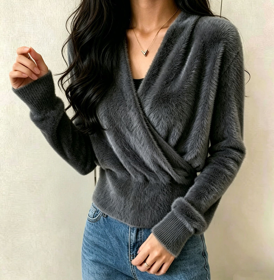 Damen Kuscheliger Wickel‑Pullover aus Faux‑Fur mit tiefem V‑Ausschnitt Drune