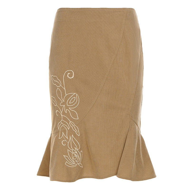 Damen ausgestellter Midirock mit seitlicher Blumenstickerei und Volant Drune