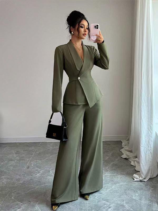 Damen tailliertes Hosenanzug-Set mit asymmetrischem Blazer und weitem Bein Drune