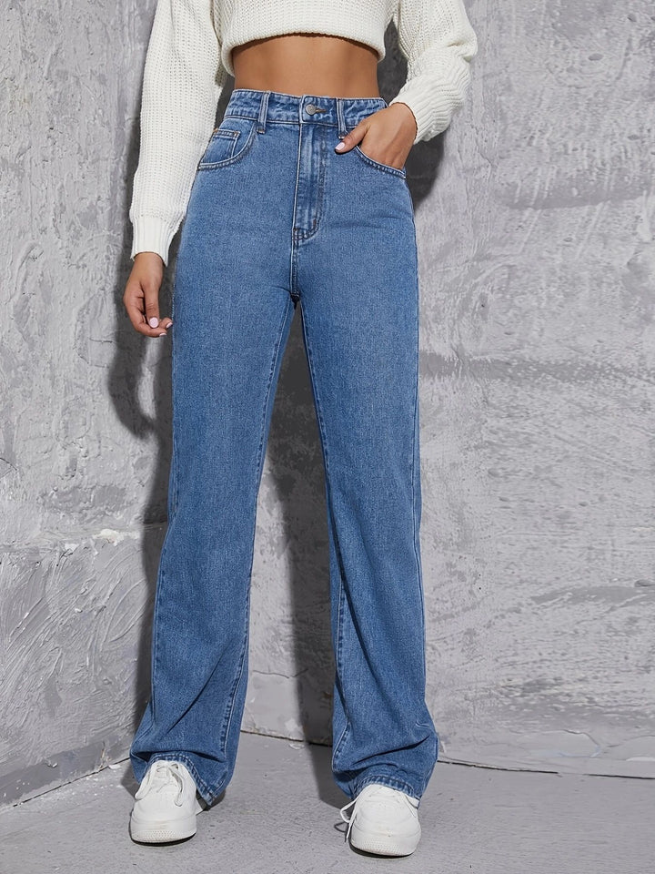 Damen hoch taillierte weite Jeans mit schickem Schnitt und dezenten Waschungen Drune