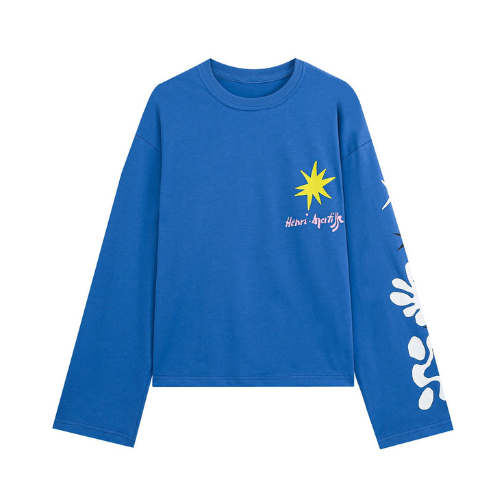 Damen Cropped Oversize‑Langarmshirt mit Grafikprint und Rundhalsausschnitt Drune