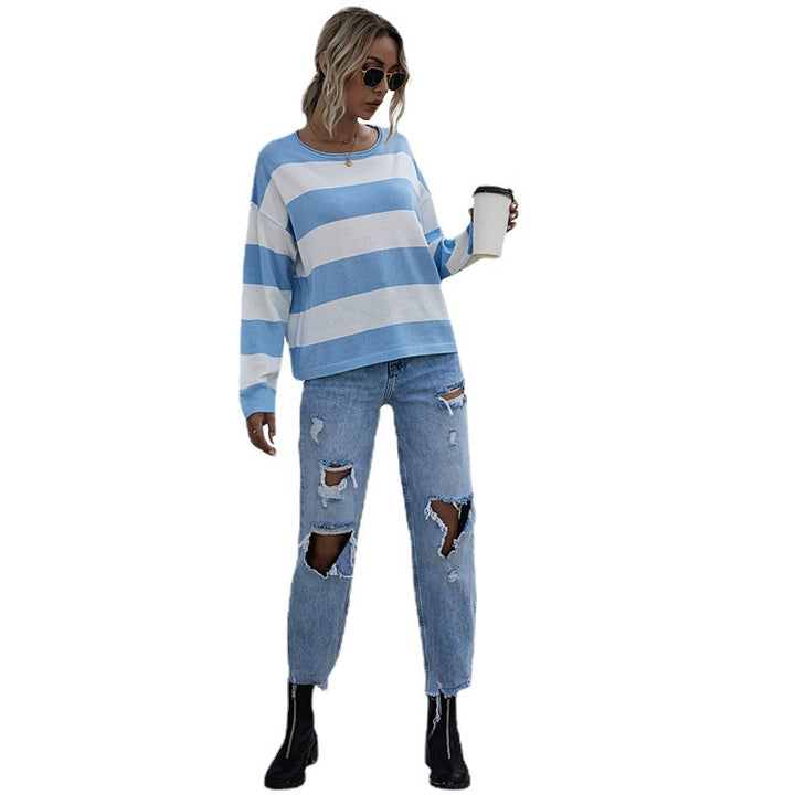 Damen Lockerer gestreifter Pullover mit Carmen-Ausschnitt und Oversize-Schnitt Drune