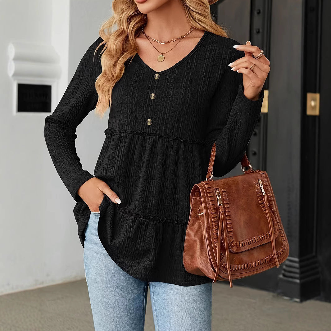 Damen Ärmelloses V-Ausschnitt Shirt mit Knopfdetails und voluminösem Saum Drune