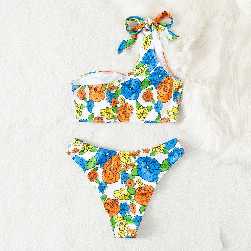Damen Einseitiger Bikini mit floralem Design und verstellbarem Träger Drune