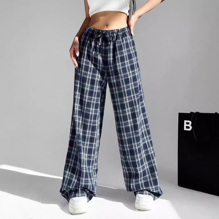 Damen weite Karo-Hose aus angenehmem Baumwollstoff mit Gummibund und seitlichen Taschen Drune