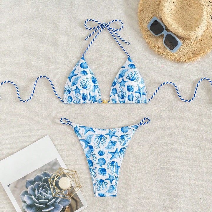 Damen Triangel-Bikini mit maritimen Motiven und verspielten Kordelbindungen Drune