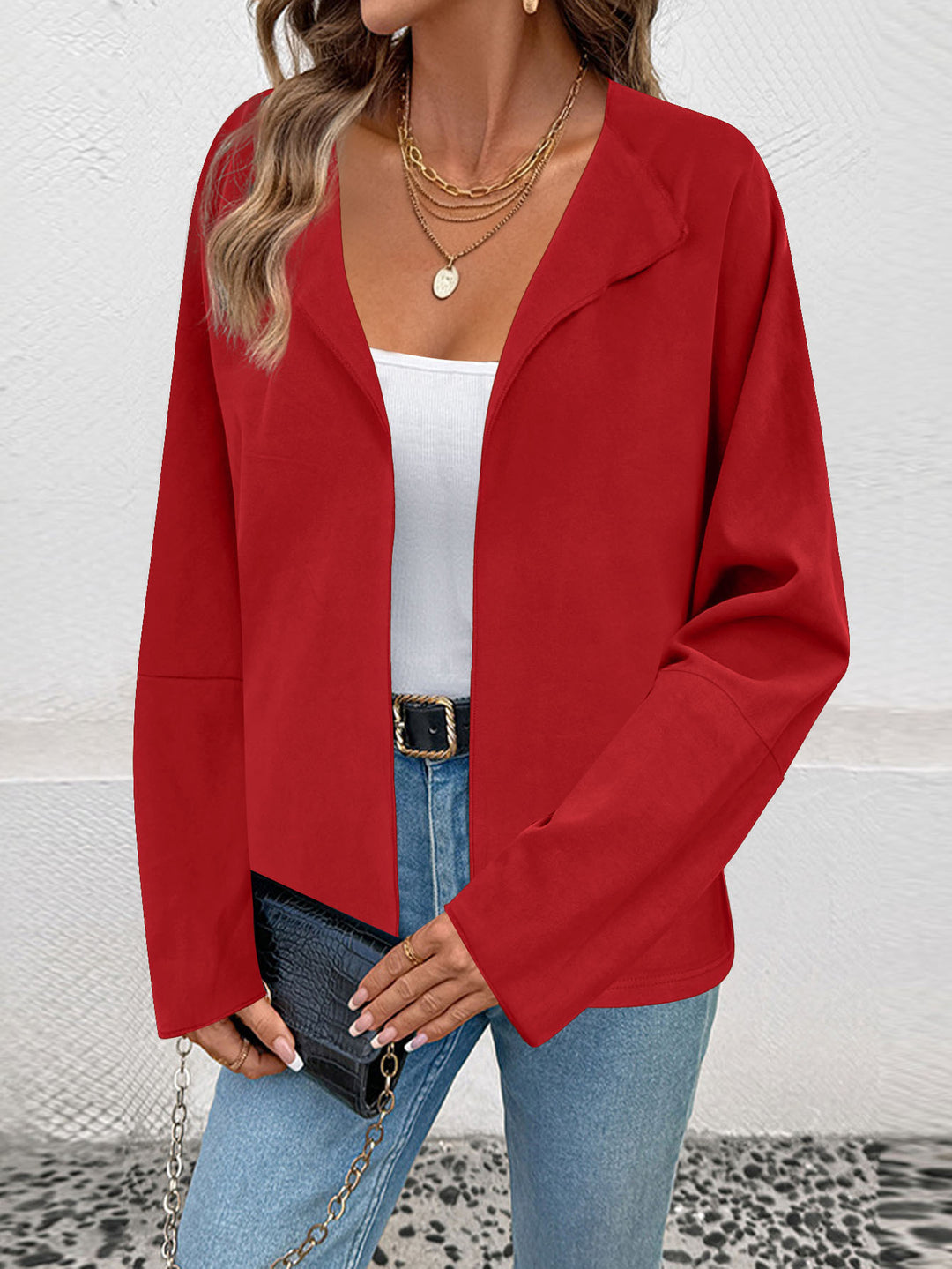 Damen Leichter Offener Blazer mit fallendem Revers und weiten Ärmeln Drune