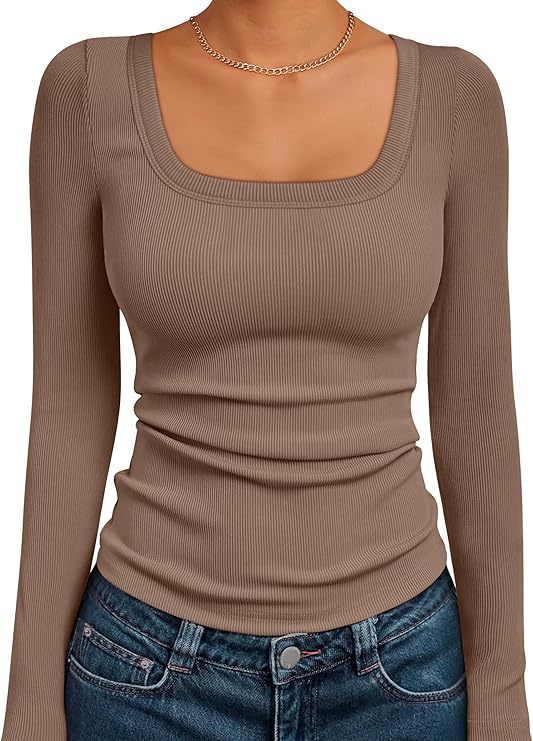 Damen Figurnahes Ripp-Langarmshirt mit weitem Carré-Ausschnitt und Stretch-Baumwollmix Drune