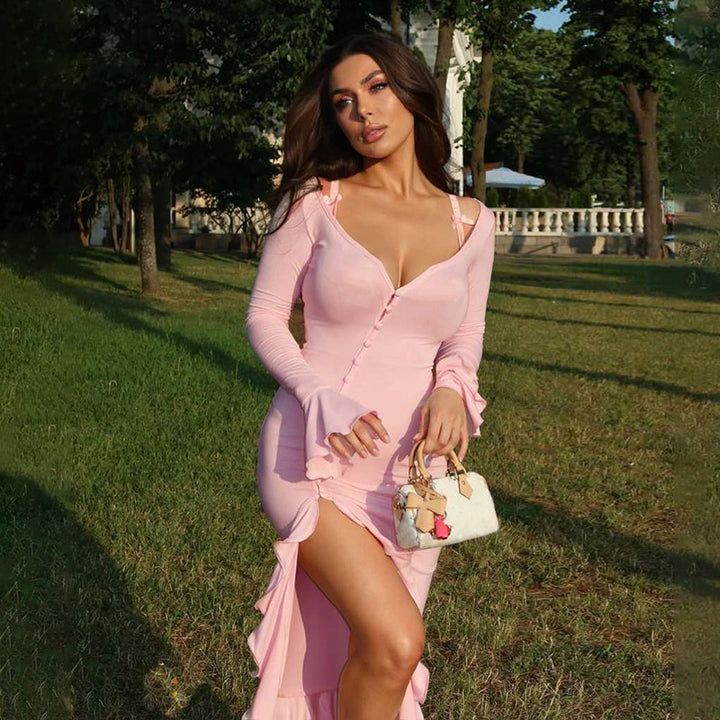 Damen Elegantes Maxikleid mit Rüschen und Knopfleiste Drune