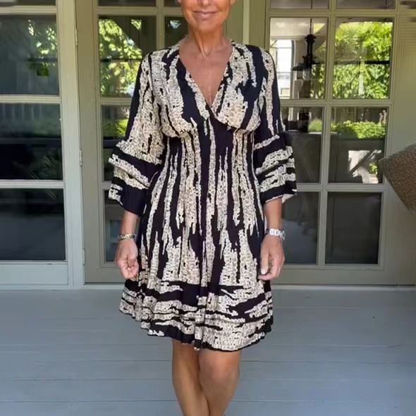 Damen romantisches V-Ausschnitt Kleid mit weiten Ärmeln und floralem Design Drune