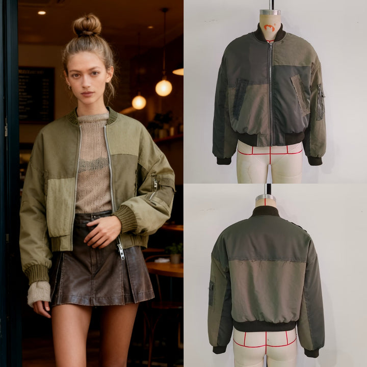 Damen Kurze Oversize-Bomberjacke mit Utility-Taschen und Rippbündchen Drune