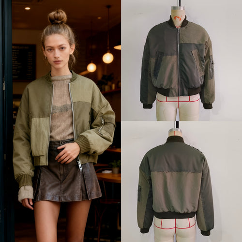 Damen Kurze Oversize-Bomberjacke mit Utility-Taschen und Rippbündchen Drune