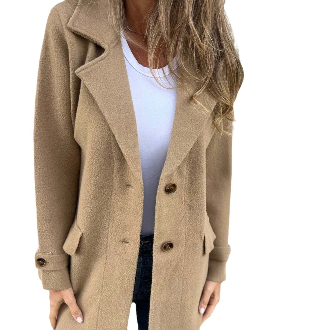 Damen warmer strukturiertes Fleece-Mantel mit doppelter Knopfreihe Drune