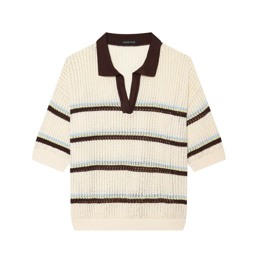 Damen Kurzarm-Polopullover aus Lochstrick mit offenem V-Ausschnitt Drune