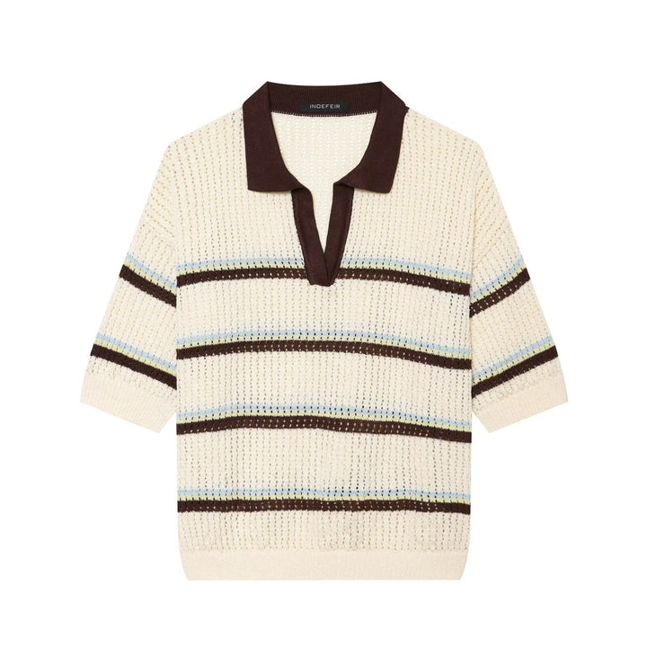 Damen Kurzarm-Polopullover aus Lochstrick mit offenem V-Ausschnitt Drune