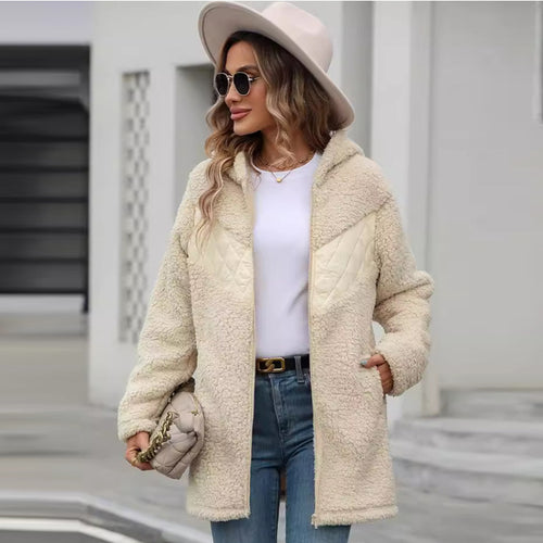 Damen Plüschige Oversize-Jacke mit Kapuze und Steppdetails Drune
