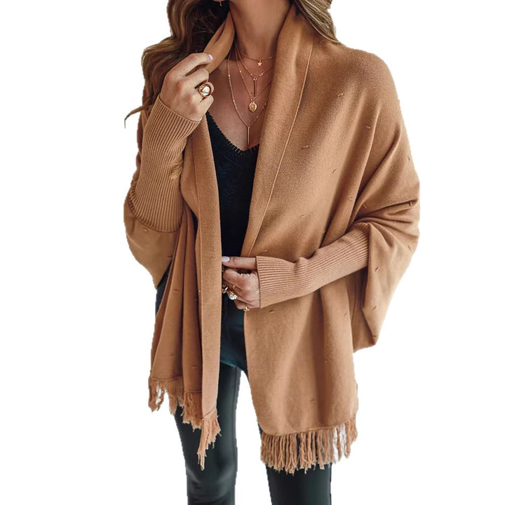 Damen Fransen‑Poncho‑Cardigan mit dekorativem Taillengürtel und Rippbündchen Drune