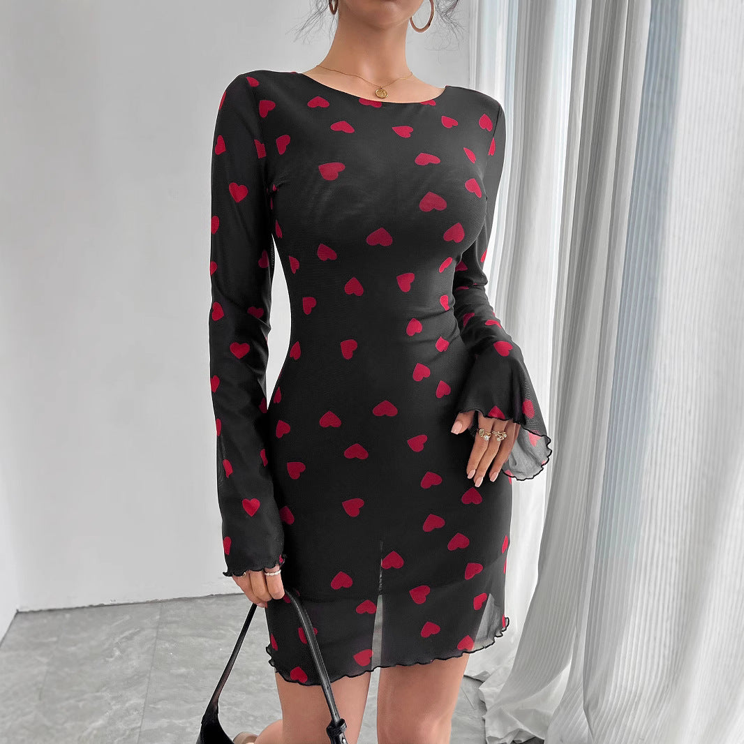 Damen nan figurbetontes Mini-Kleid aus feinem Netzstoff mit Herzmuster und Trompetenärmeln Drune