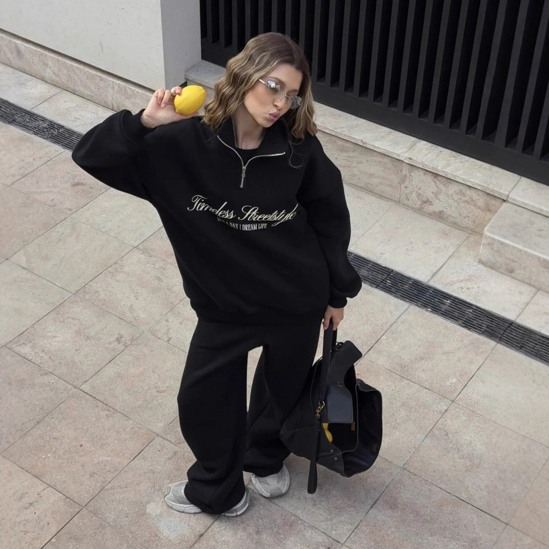 Damen nan oversized Halbzip-Sweatshirt mit hohem Stehkragen und Statement-Print Drune