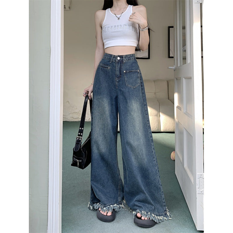Damen Weite Jeanshose mit fransigem Saum Drune