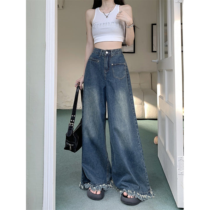 Damen Weite Jeanshose mit fransigem Saum Drune