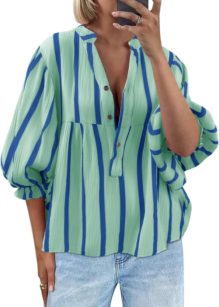 Damen oversize Bluse mit Streifenmuster und Knopfleiste Drune