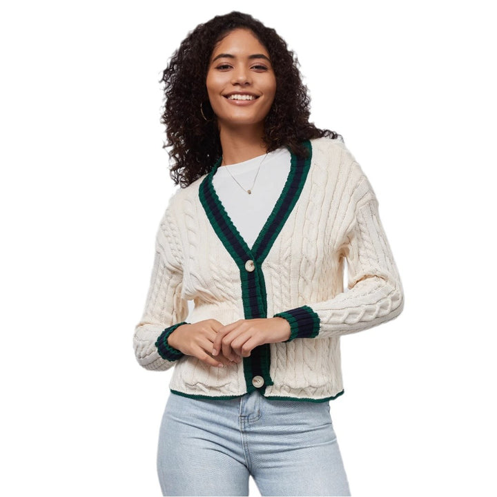 Damen Grobstrickcardigan mit dekorativer Knopfleiste und farblich abgestimmtem Saum Drune