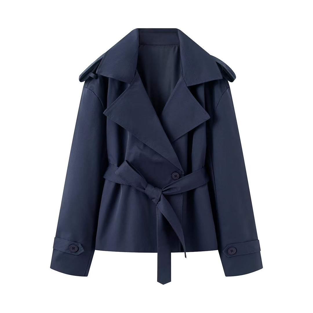 Damen Kurz geschnittener doppeltreihiger Trenchcoat mit Taillengürtel und Schulterklappen Drune