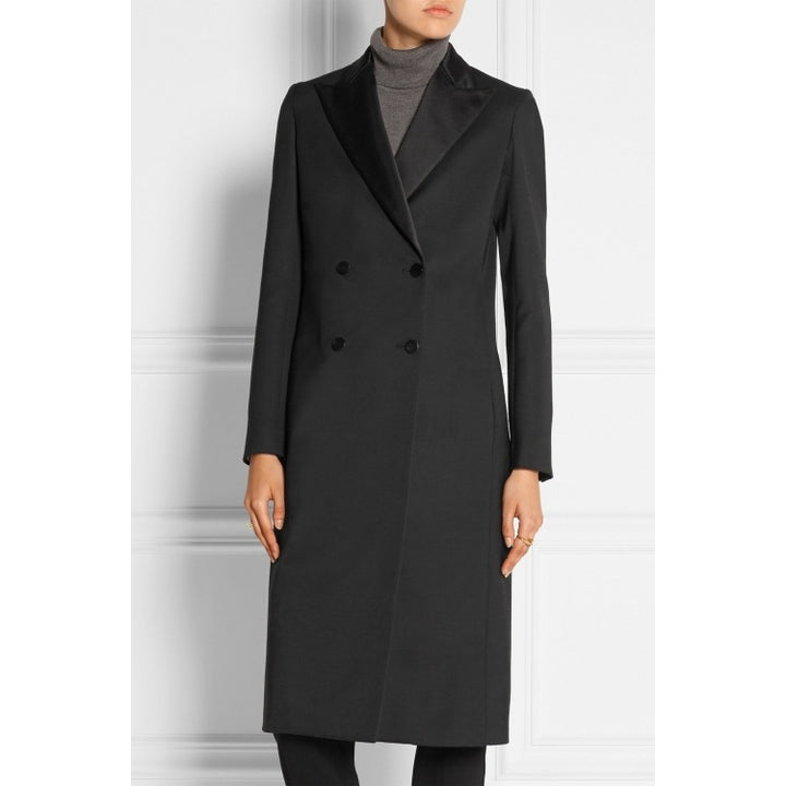 Damen taillierter Longcoat im Smoking‑Look mit Schalkragen Drune
