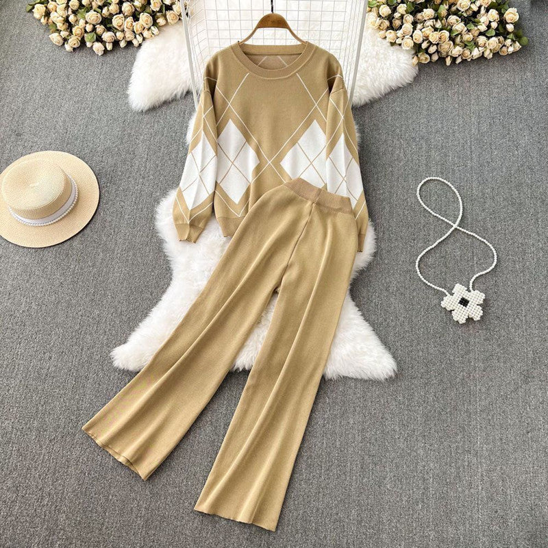 Damen elegantes Strick-Loungewear-Set mit Rautenmuster und weitem Bein Drune