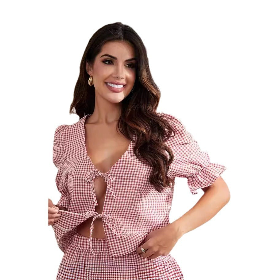 Damen Bluse mit Rüschendetails und Bindeband Drune