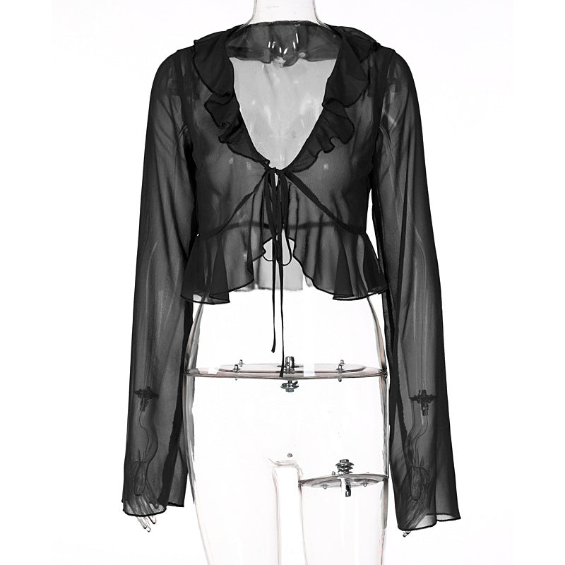 Damen Transparente Bluse mit Rüschen und Bindedetail Drune
