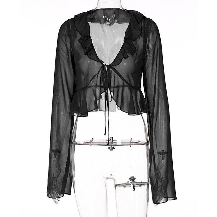 Damen Transparente Bluse mit Rüschen und Bindedetail Drune