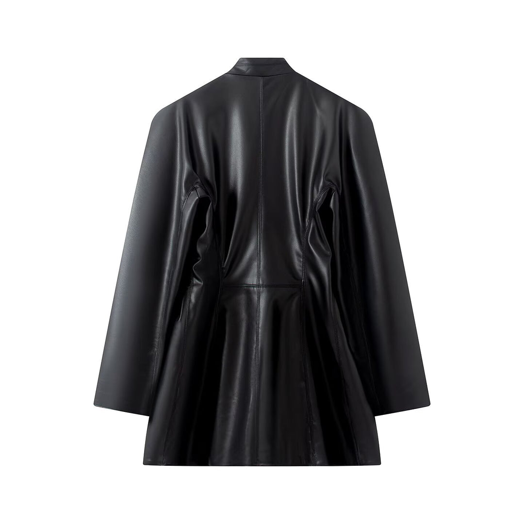 Damen Kunstleder-Blazer im Oversize-Schnitt mit Wickeloptik und taillierten Zierknöpfen Drune