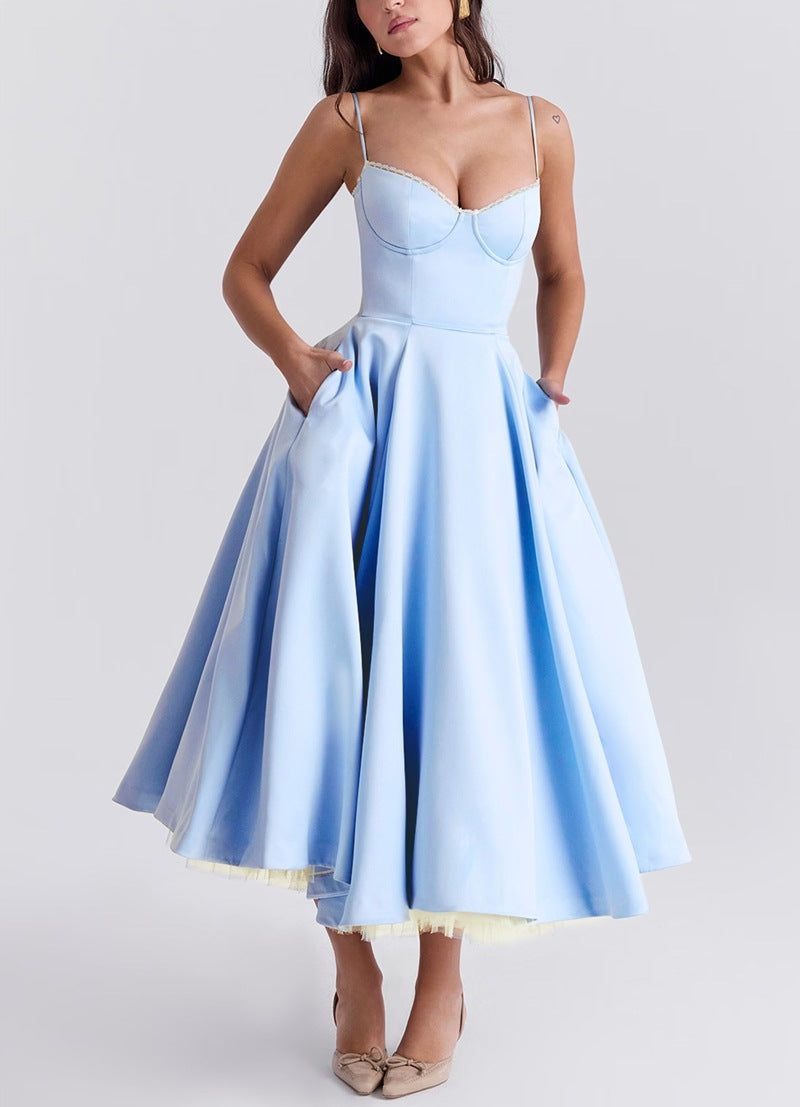 Damen nan tailliertes retro-inspiriertes Midikleid mit Korsage Unterbrustnähten Tellerrock und Eingrifftaschen Drune