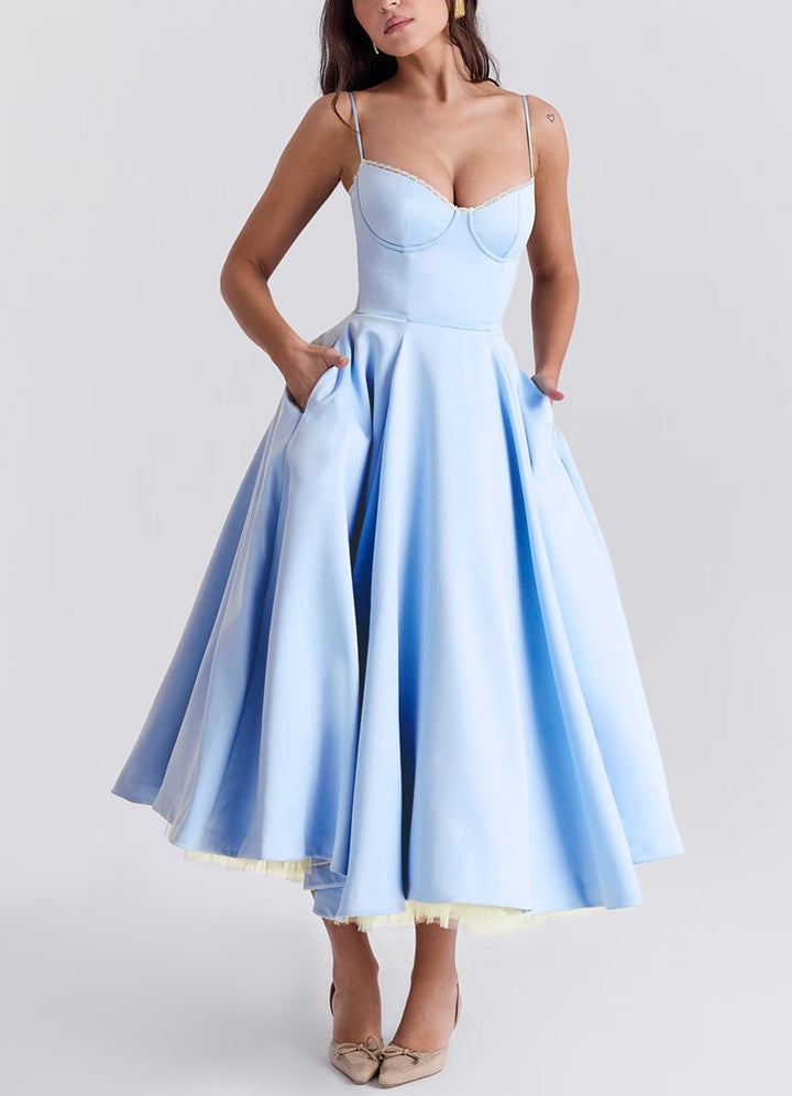 Damen nan tailliertes retro-inspiriertes Midikleid mit Korsage Unterbrustnähten Tellerrock und Eingrifftaschen Drune