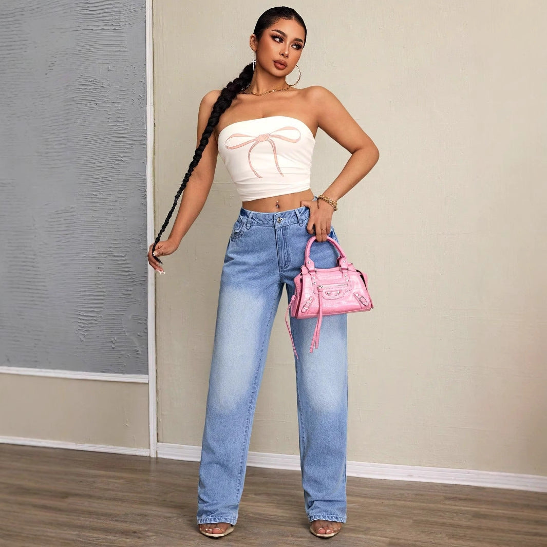 Damen weit geschnittene Jeans mit hohem Bund und lässigem Schnitt Drune
