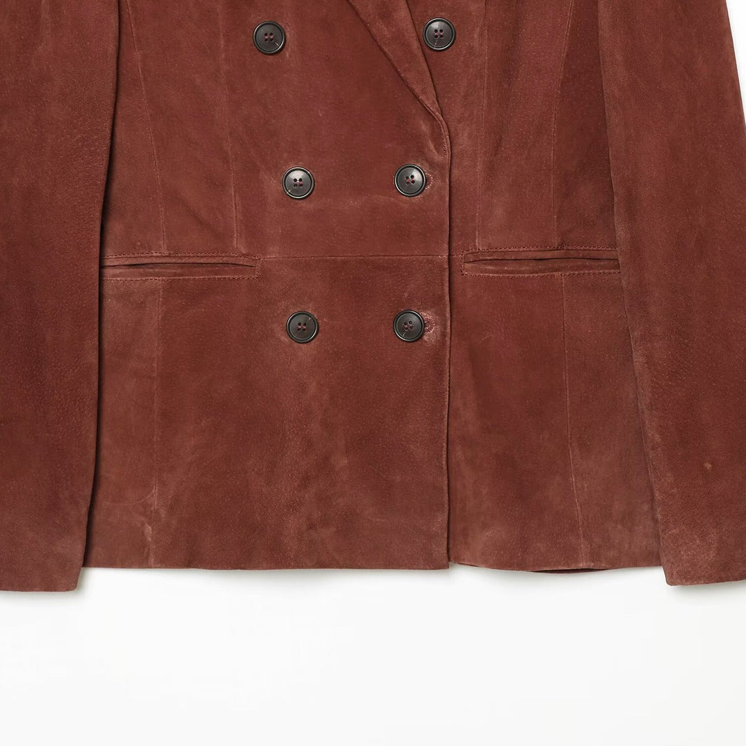 Damen Cropped zweireihiger Veloursblazer mit taillierter Passform und Leistentaschen Drune